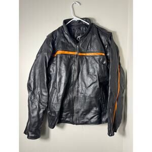 Diamond Plate Jacket Men's Small Genuine Leather Motorcycle Orange Black Biker
